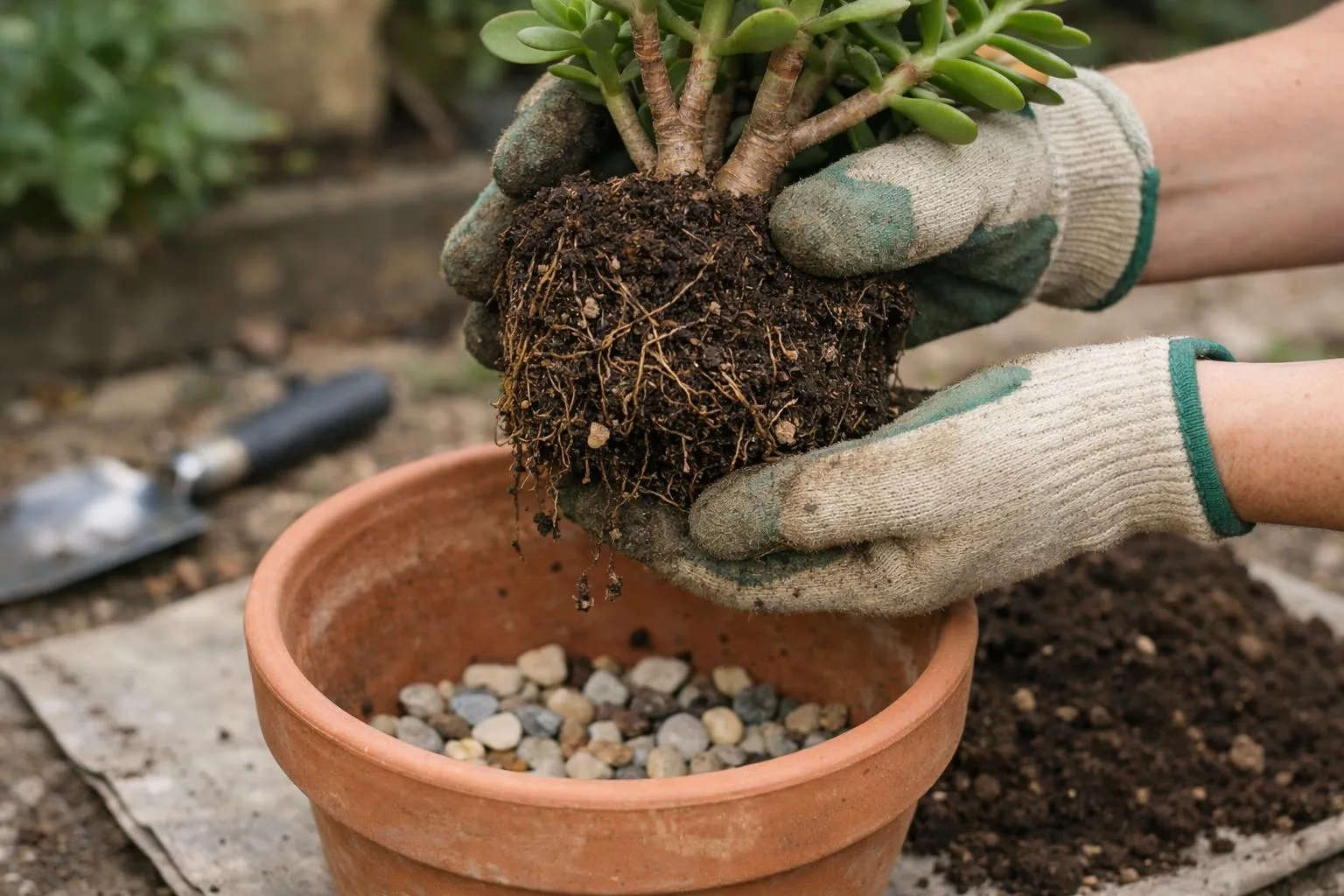 Hands wearing gardening gloves carefully repotting jade plant (Crassula ovata) with visible soft leaves into terracotta pot, showing drainage layer of gravel and perlite-rich soil mix on wooden potting bench, natural daylight, realistic photography, detailed close-up of root system inspection, professional plant rescue scene in French home garden setting, authentic gardening tools nearby, warm natural tones, shallow depth of field, high-end lifestyle aesthetic