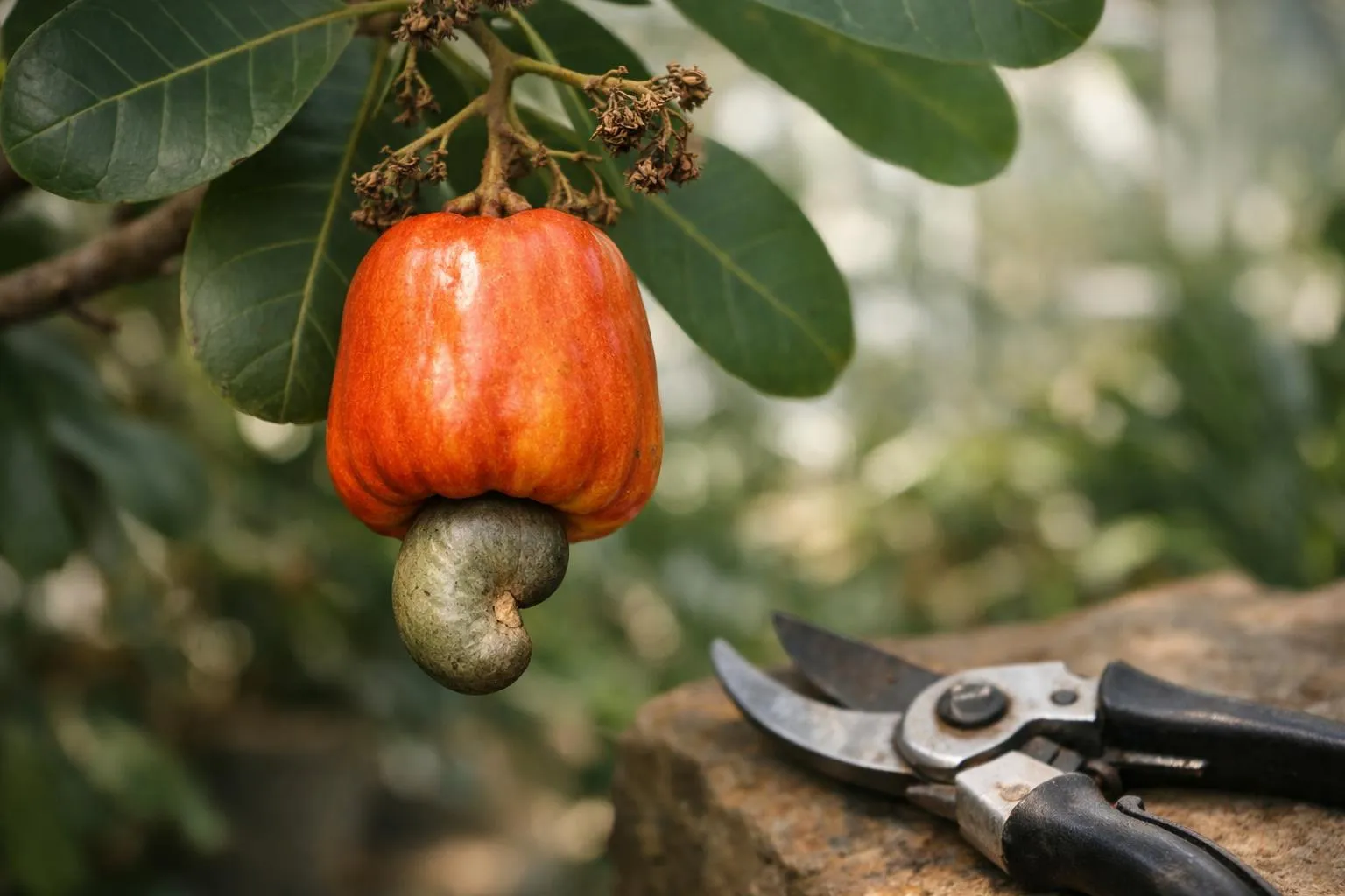 Close-up of a cashew nut still attached to its bright orange cashew apple on an anacardier tree branch, tropical greenhouse setting in France, realistic botanical photography, natural light filtering through glass panels, detailed texture of the distinctive kidney-shaped nut and fleshy peduncle, professional gardening gloves holding pruning shears nearby, warm humid atmosphere, shallow depth of field, educational yet elegant composition for French gardening enthusiasts, no text, no labels