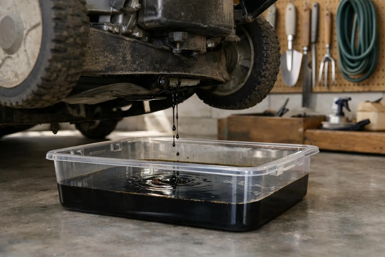 Gros plan d'un récipient de récupération transparent placé sous le carter d'une tondeuse à gazon, avec de l'huile moteur sombre s'écoulant du bouchon de vidange. Atelier propre et organisé en arrière-plan avec outils de jardinage accrochés au mur. Lumière naturelle douce, photographie réaliste ultra-détaillée, ambiance professionnelle et soignée, esthétique haut de gamme pour passionnés de jardinage français. Aucun texte, aucun logo.