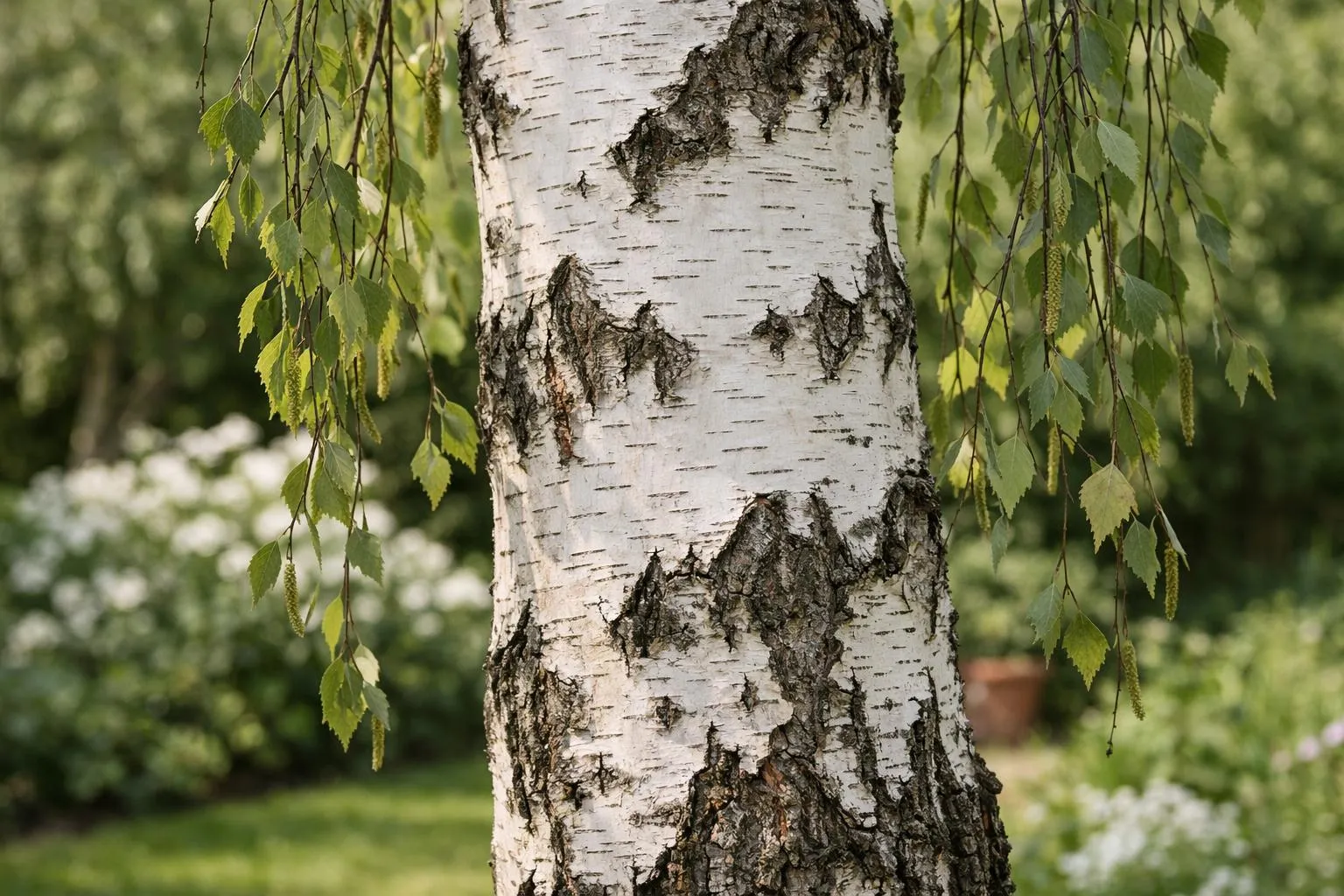 Tronc de bouleau blanc avec feuilles vertes pendantes.