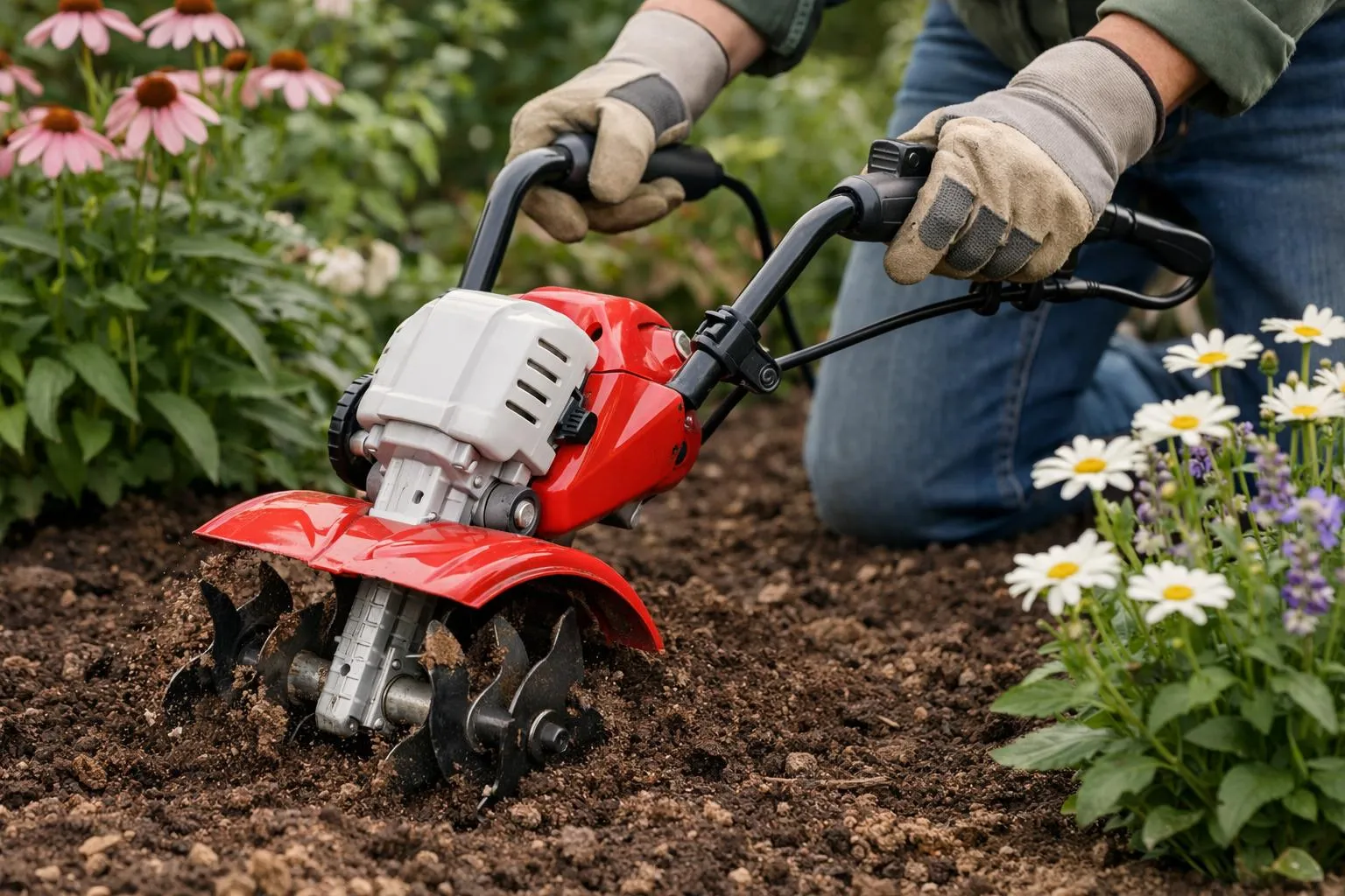 Jardinier utilisant un cultivateur motorisé dans un jardin fleuri.