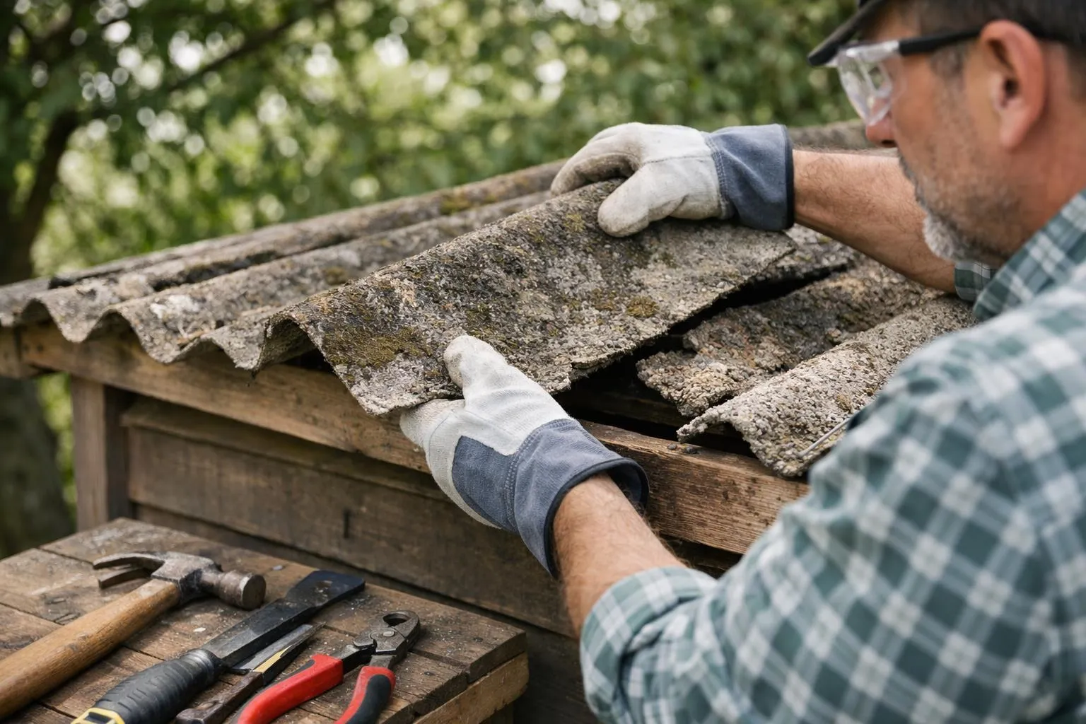 Homme réparant un toit en tuiles endommagé avec des outils.