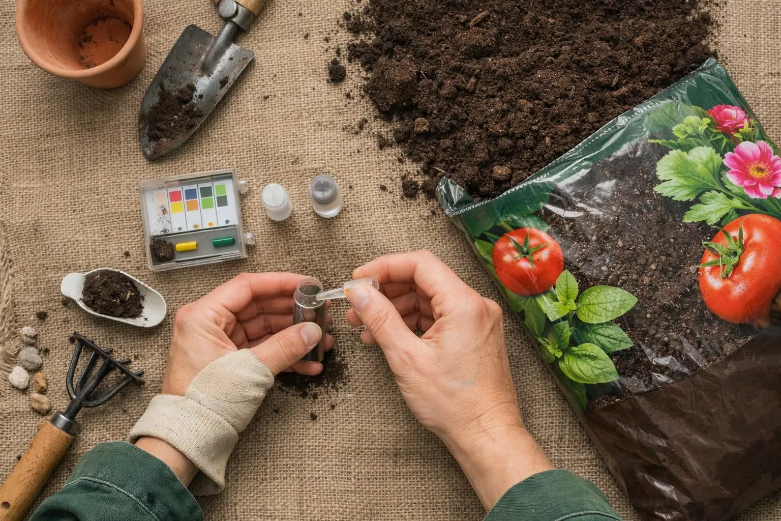 Gardening tools, soil, and vegetables on a burlap surface.