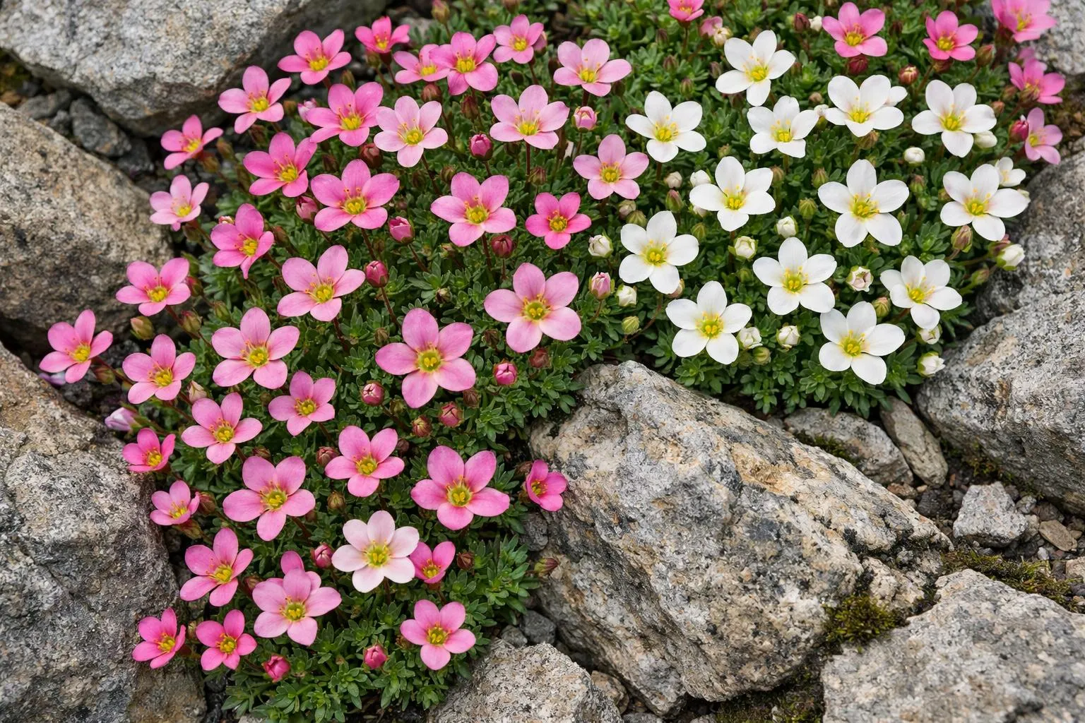 Vibrant pink and white alpine flowers blooming among rocky terrain.