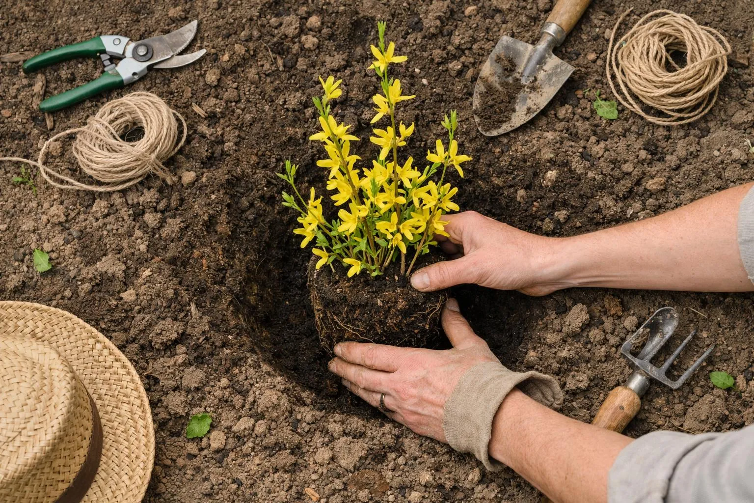 Gardening tools, yellow flowers, hands planting in soil.