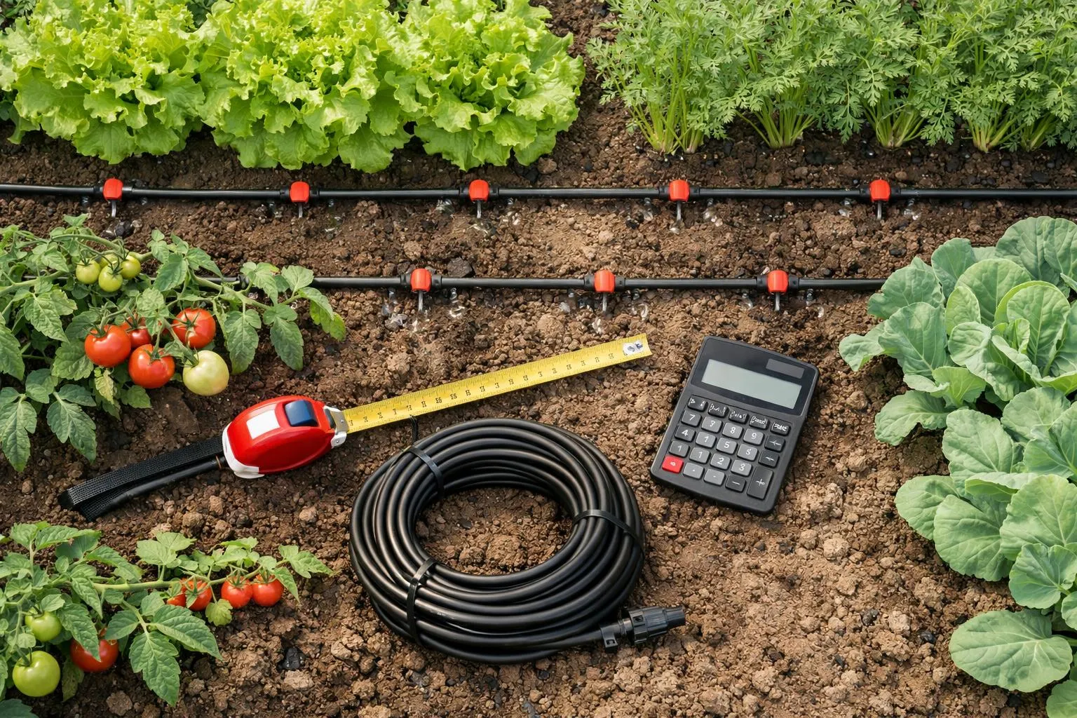 Vegetable garden with irrigation system, measuring tape, and calculator.