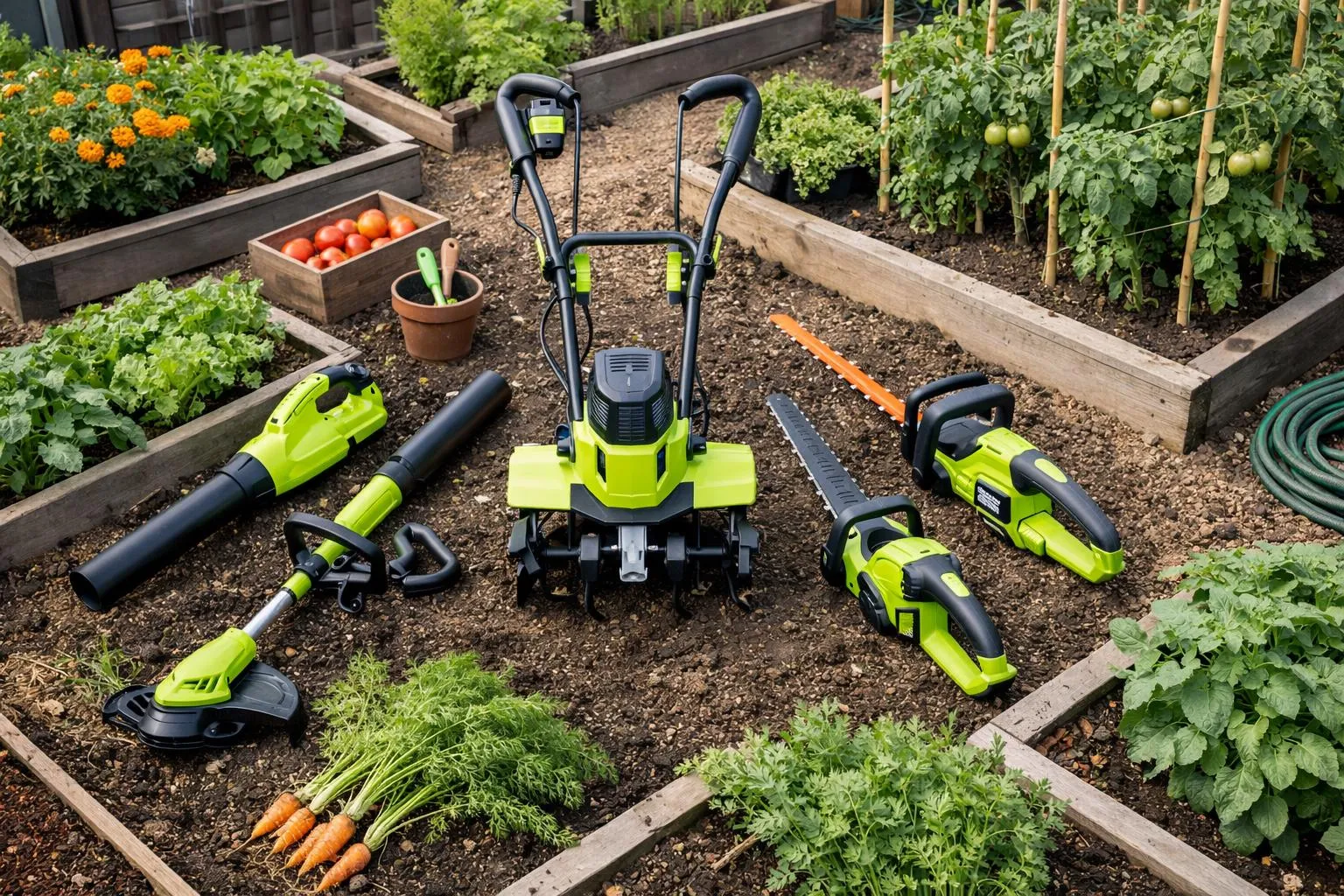Outils de jardinage électriques verts dans un potager avec légumes.