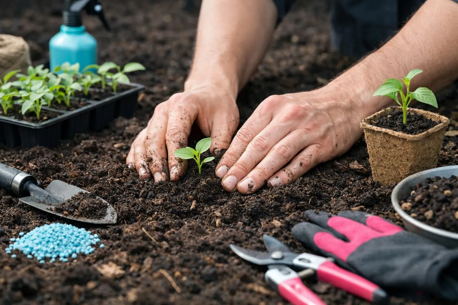 Hands planting seedlings in soil, gardening tools nearby.