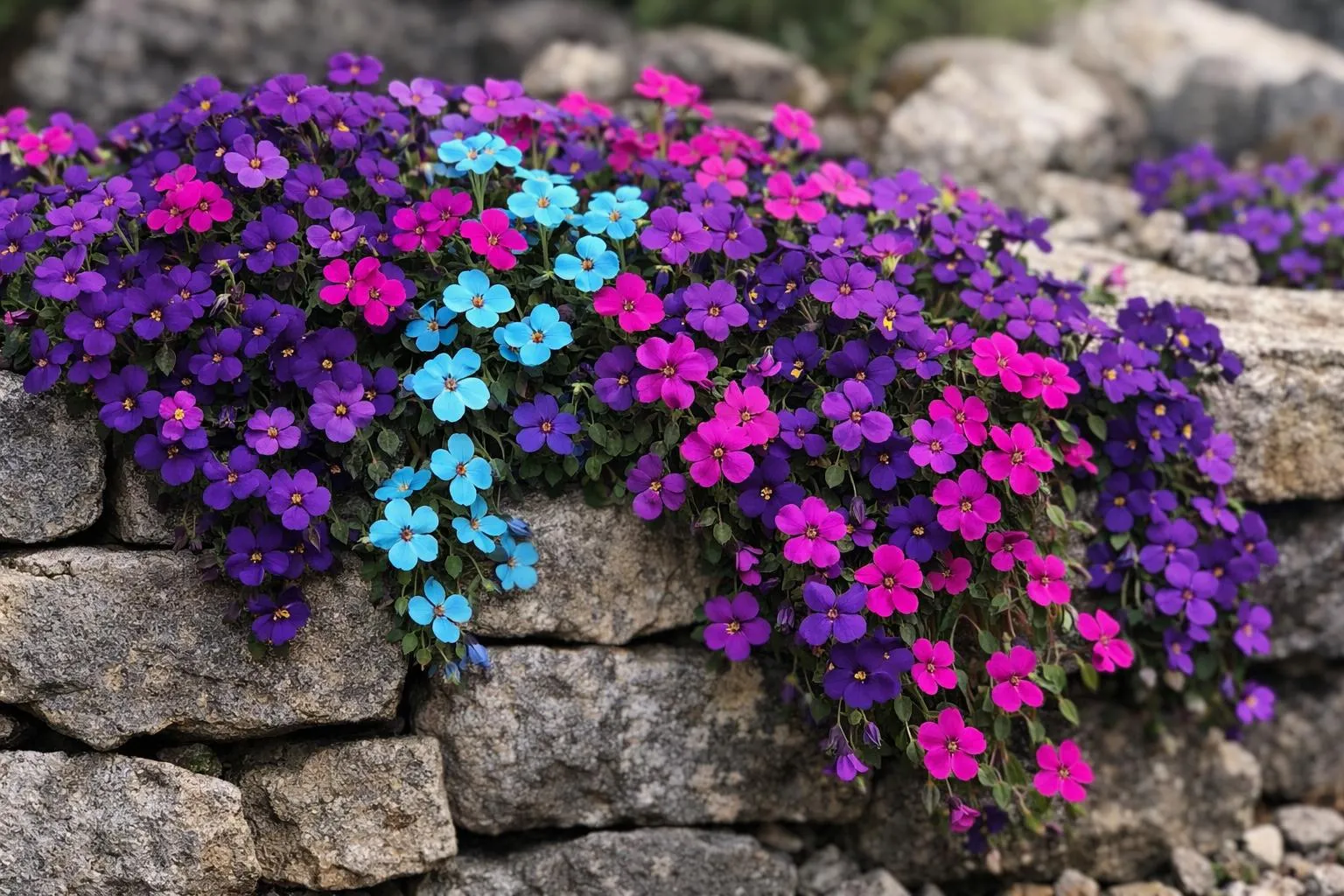 Vibrant purple, pink, and blue flowers cascading over rocky terrain.