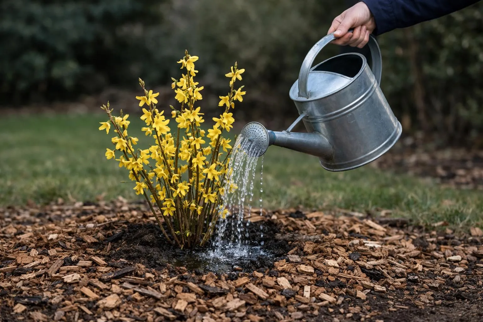 A hand holding a watering can watering yellow flowers in a garden.
