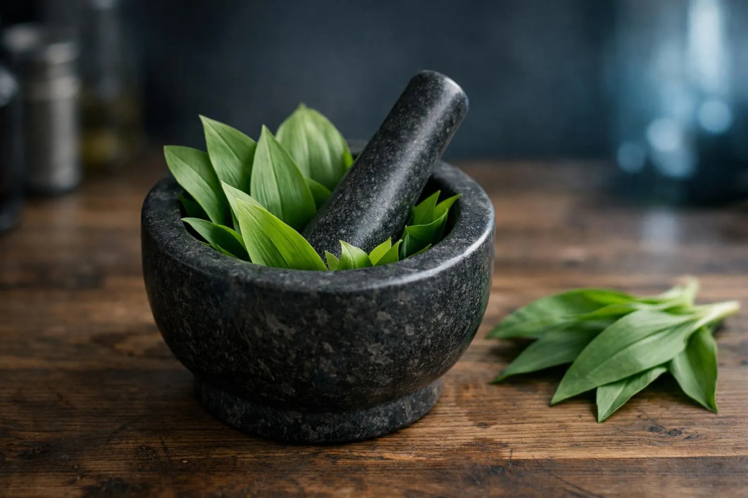 Mortar and pestle with fresh green leaves on wooden surface.