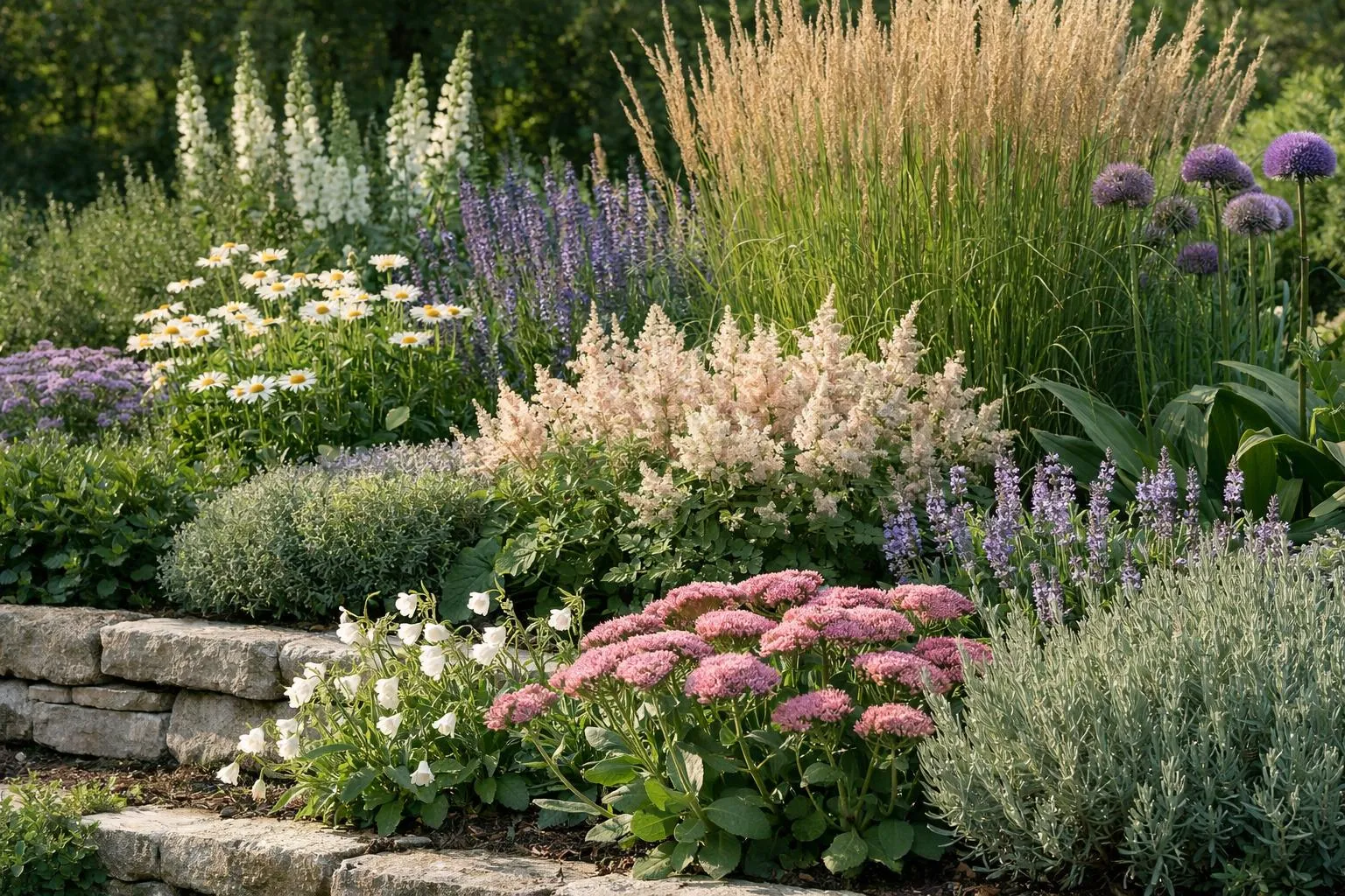 Jardin fleuri avec une variété de plantes, de fleurs et de textures.