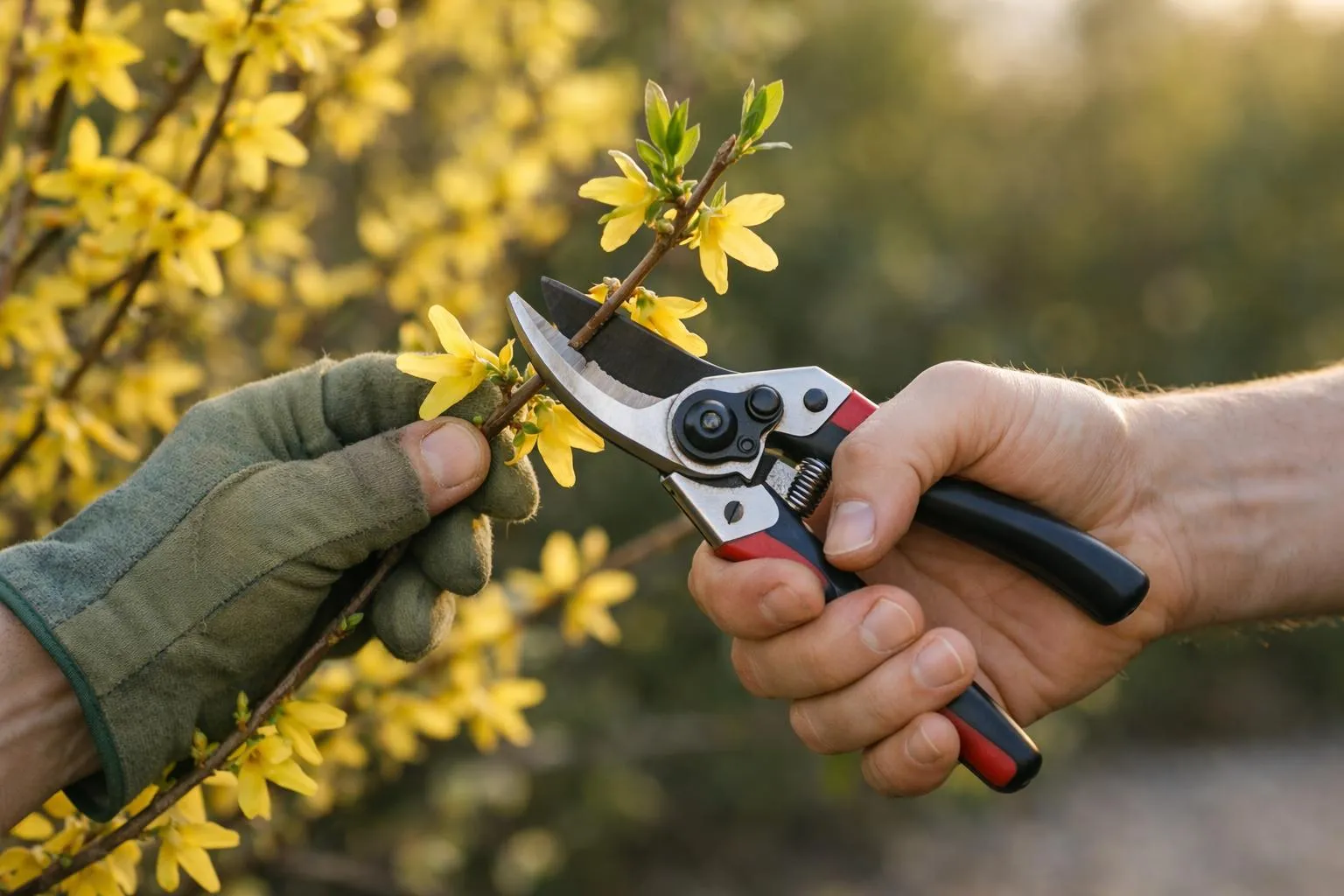 Pruning yellow flowers with gardening shears in a natural setting.