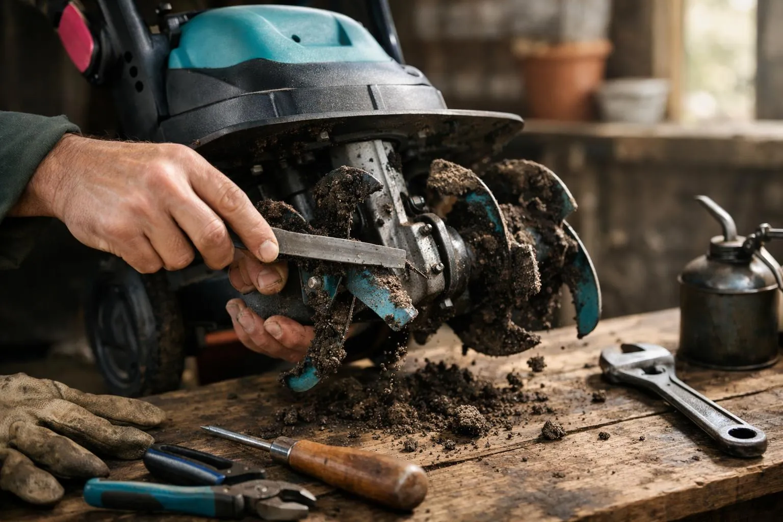 Outils de bricolage et de réparation sur un établi encrassé.