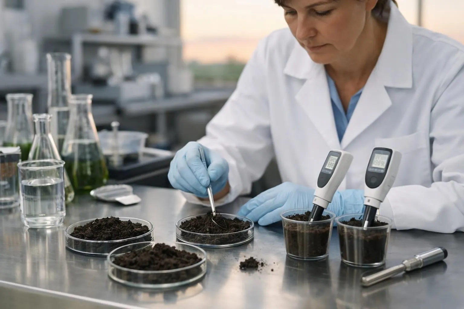 Laboratory scientist in white coat testing dark potting soil samples with precision equipment and pH meters on stainless steel workbench, professional agricultural research environment with glass beakers and measurement tools, clinical lighting, realistic photography, shallow depth of field, scientific accuracy and quality control atmosphere