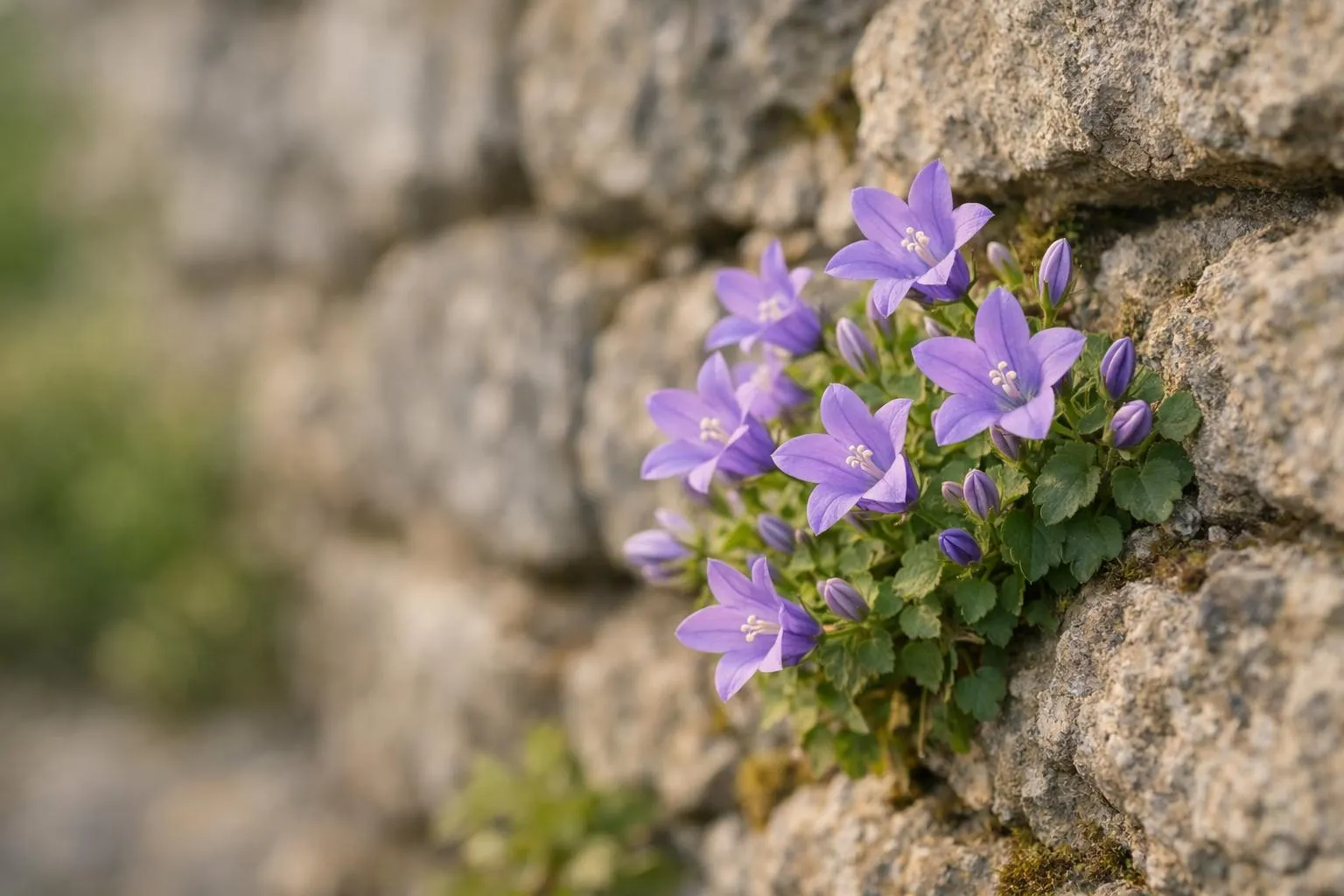 Vibrant purple bell-shaped flowers growing on a rocky surface.